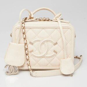 Chanel White Quilted Caviar Leather Filigree Mini Vanity Case Bag